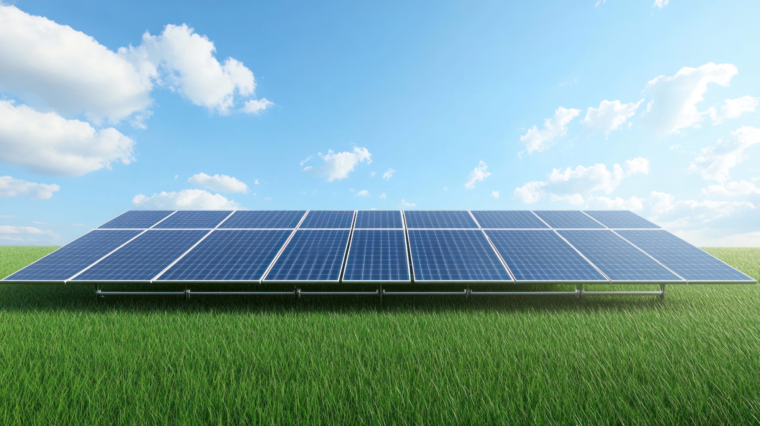 Solar panels in a field under a blue sky.