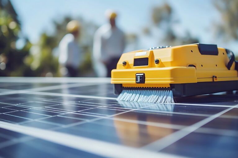 solar panel cleaning robot with cleaning brush on the panel surface