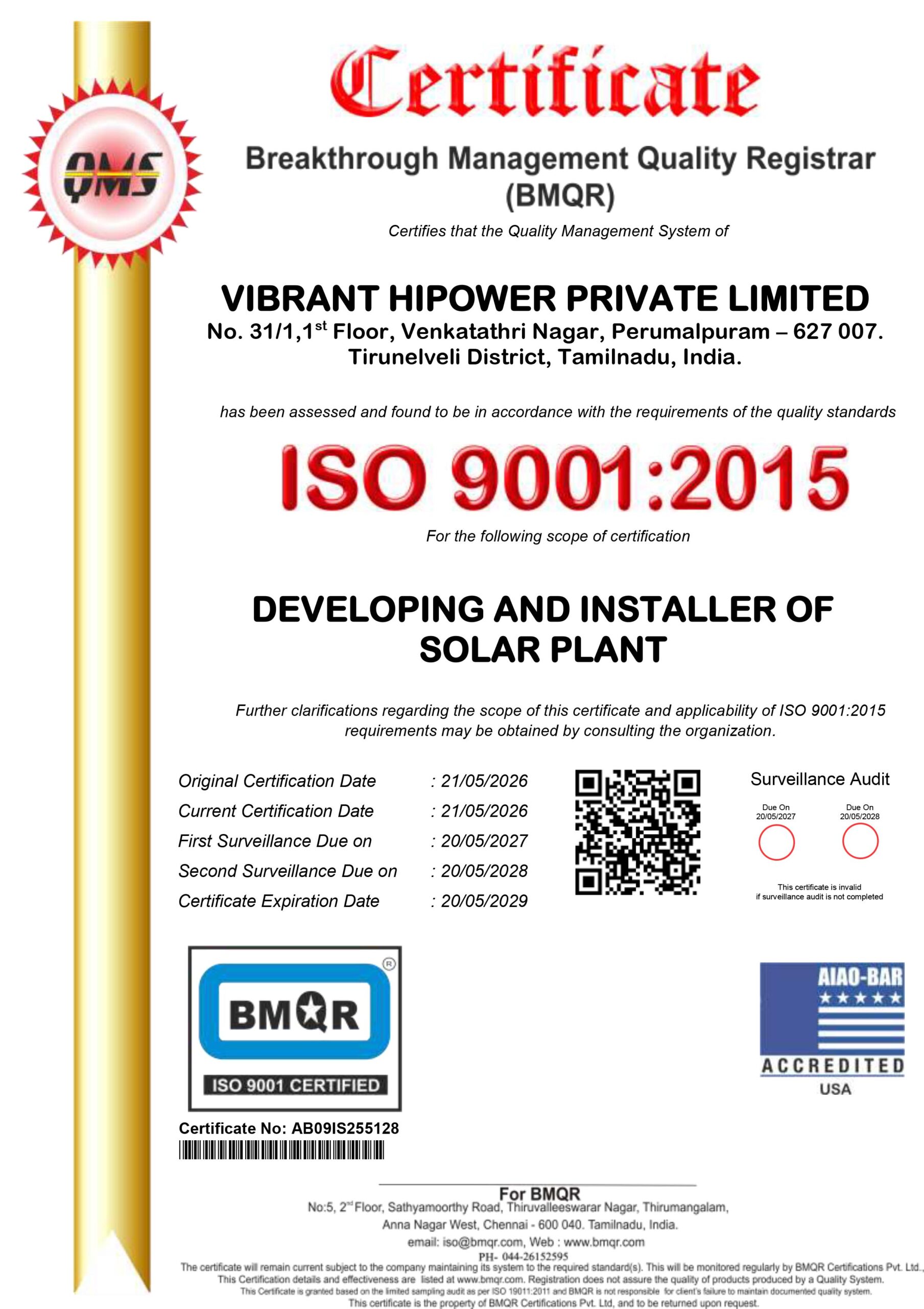 Vibrant Hipower — ISO 9001:2015 Quality Management Certificate